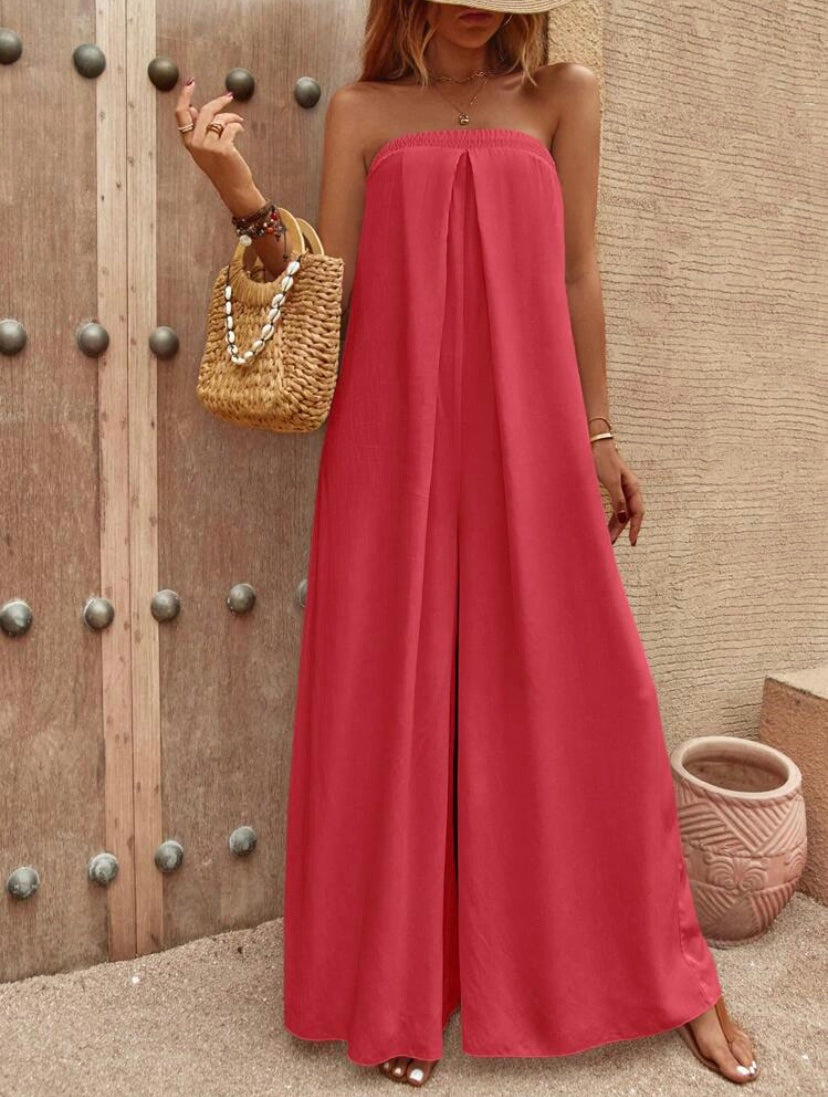 CM-JS852249 Women Trendy Bohemian Style Solid Tie Back Tube Wide Leg Jumpsuit - Red
