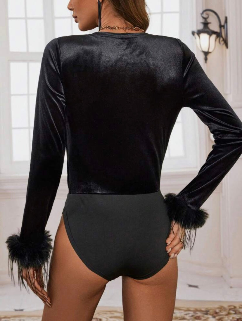 CM-TS159908 Women Elegant Seoul Style Fuzzy Cuff Surplice Neck Bodysuit - Black