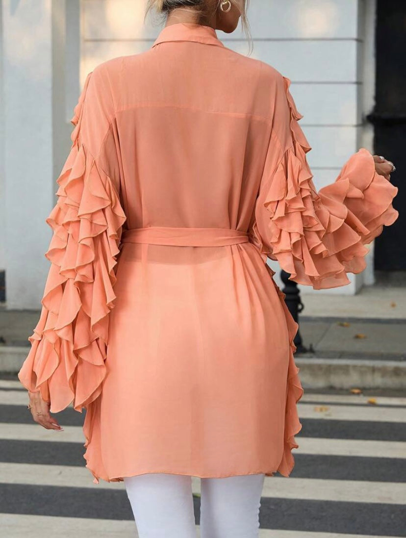 CM-TS355591 Women Casual Seoul Style Lantern Sleeve Ruffle Trim Belted Shirt