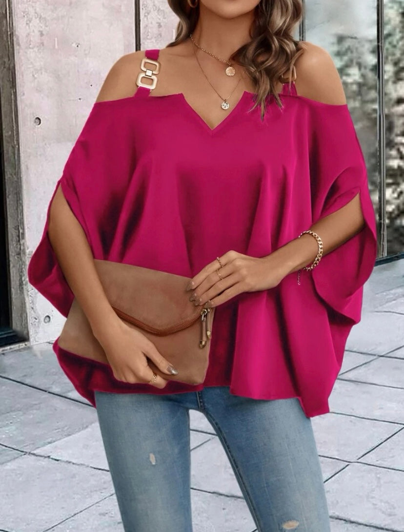 CM-TS289681 Women Casual Seoul Style Solid Chain Detail Cold Shoulder Dolman Sleeve Blouse