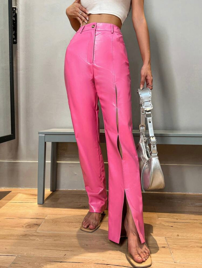 CM-BS791698 Women Elegant Seoul Style High Waist Split Hem PU Leather Pants - Pink