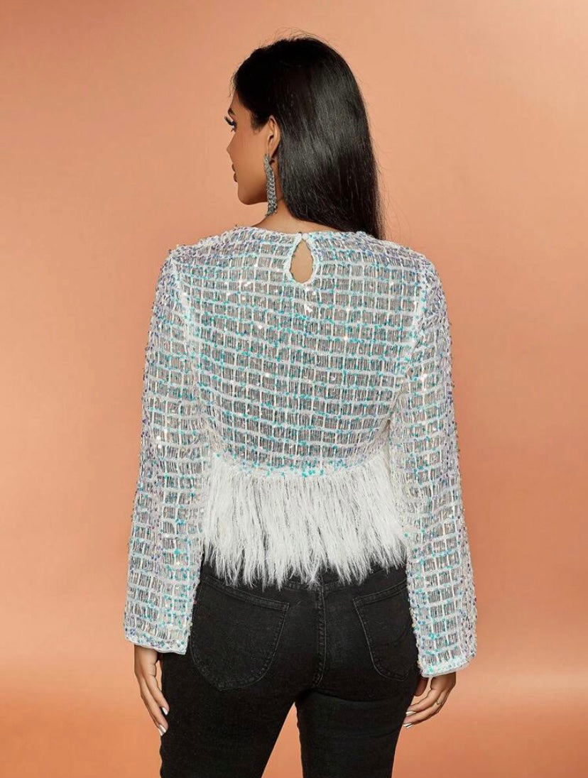 CM-TS504002 Women Elegant Seoul Style Round Neck Long Sleeve Fuzzy Hem Sequin Tee - White