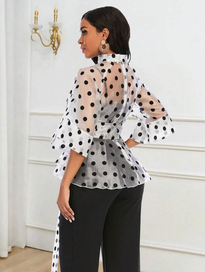 CM-TS086051 Women Elegant Seoul Style Polka Dot Belted Organza Top - White
