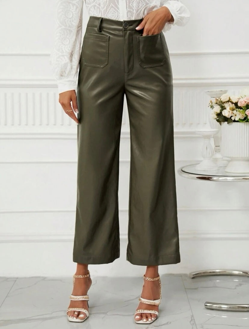 CM-BS513285 Women Casual Seoul Style High Waist PU Leather Wide Leg Pants - Army Green