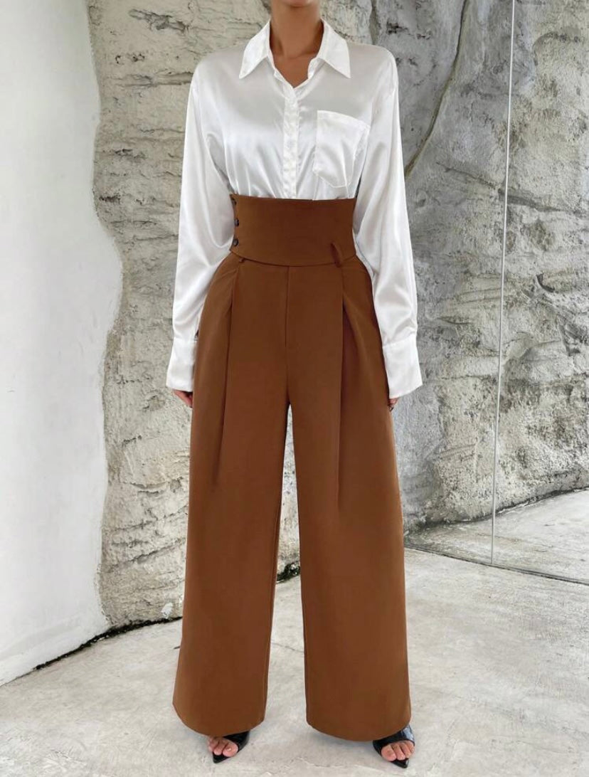 CM-BS052776 Women Elegant Seoul Style High Waist Plicated Detail Wide Leg Pants