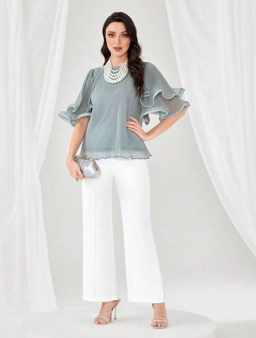 CM-TS277229 Women Elegant Seoul Style Round Neck Solid Flare Sleeve Blouse - Mint Green