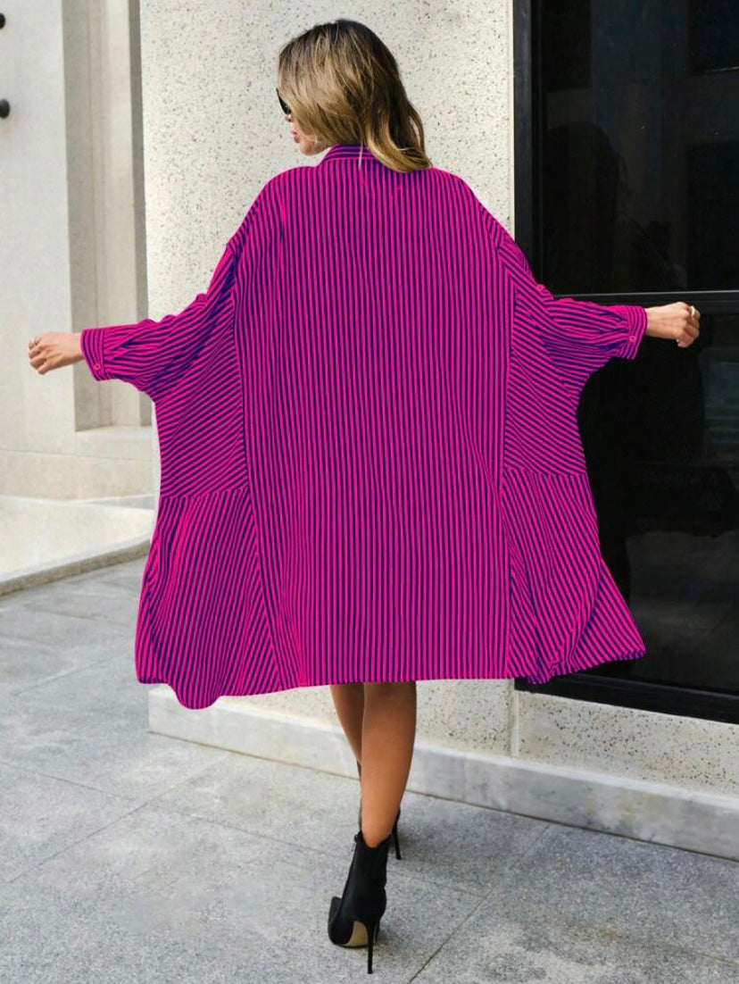 CM-DS134256 Women Casual Seoul Style Striped Print Roll Up Sleeve Button Front Shirt Dress