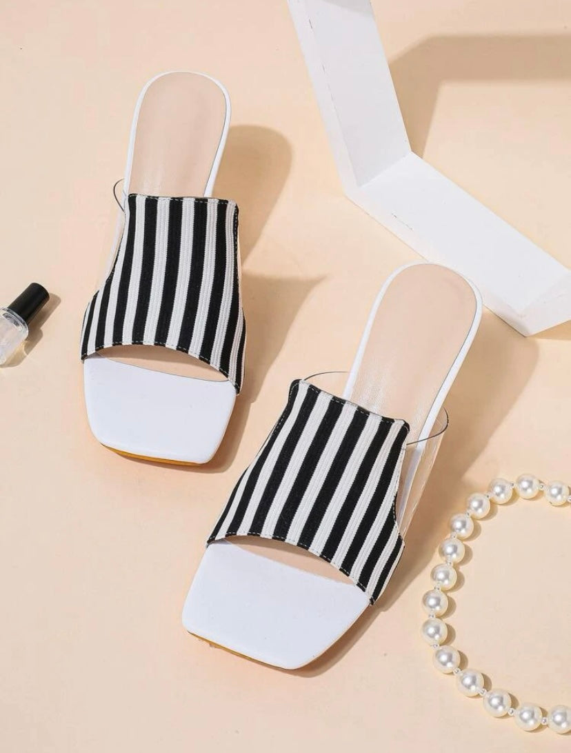 CM-SHS111611 Women Casual Seoul Style Striped Pattern Sculptural Heeled Mule Sandals