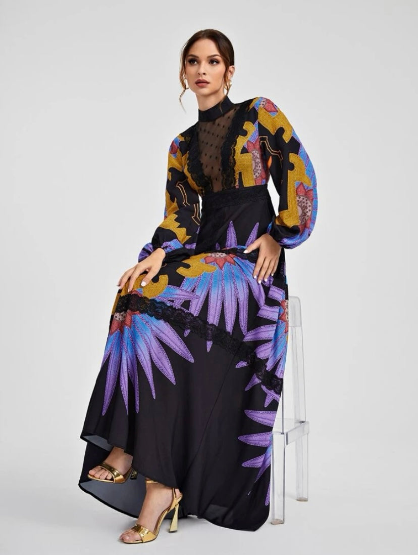 CM-DS525562 Women Elegant Seoul Style Floral Print Mock Neck Belted Dress