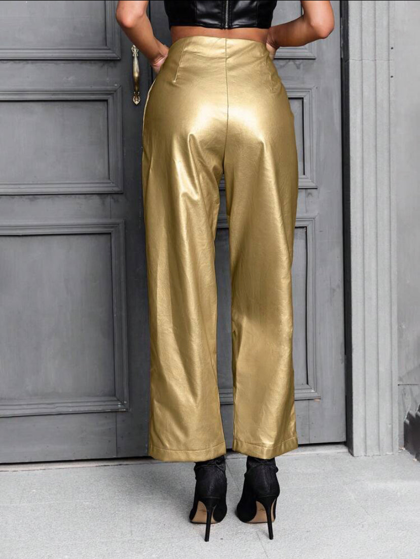 CM-BS530606 Women Elegant Seoul Style Metallic Straight Leg Pants - Gold