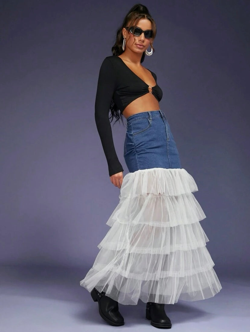 CM-BS522769 Women Preppy Seoul Style Medium Wash Two Layer Hem Denim Skirt