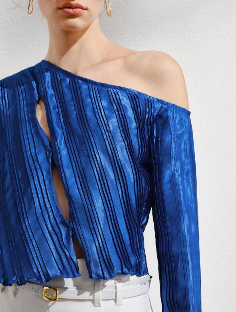 CM-TS107690 Women Casual Seoul Style Asymmetrical Neck Split Sleeve Lettuce Trim Top