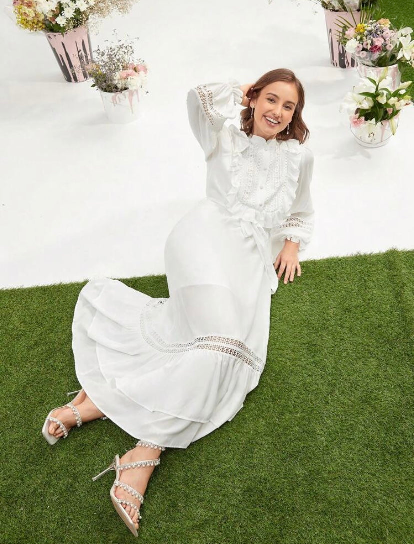 CM-DS130431 Women Elegant Seoul Style Contrast Lace Ruffle Trim Belted Ruffle Hem Dress
