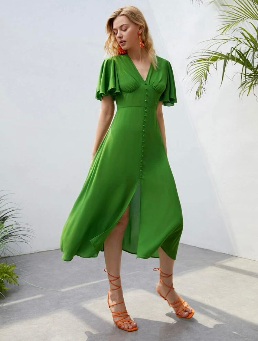 CM-DS370021 Women Elegant Seoul Style Butterfly Sleeve Button Front A-Line Dress - Green