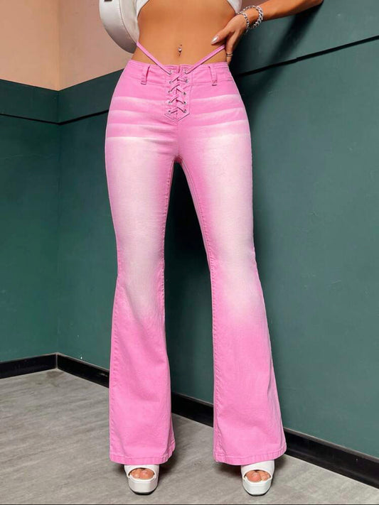CM-BS692179 Women Casual Seoul Style Lace Up Front Flare Leg Jeans - Pink