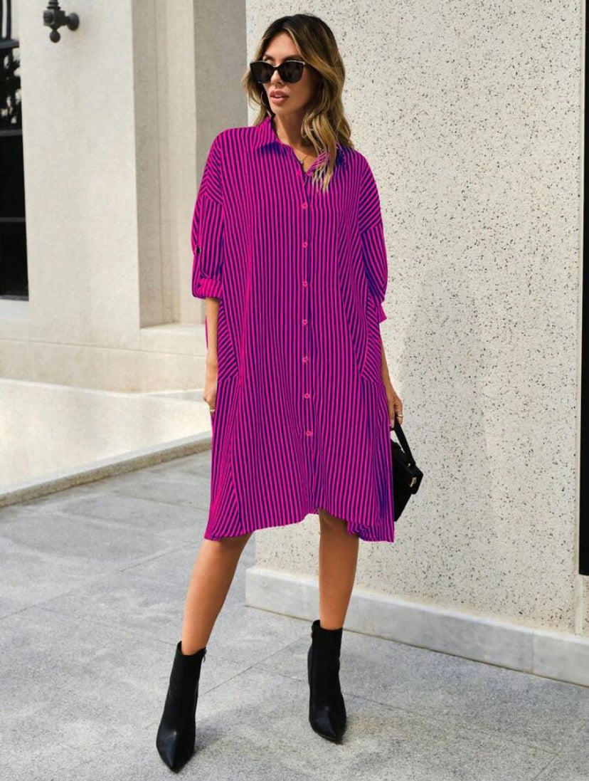 CM-DS134256 Women Casual Seoul Style Striped Print Roll Up Sleeve Button Front Shirt Dress