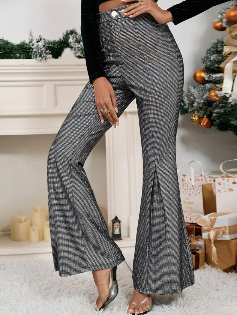 CM-BS158126 Women Elegant Seoul Style Sequin High Waist Flare Leg Pants - Silver