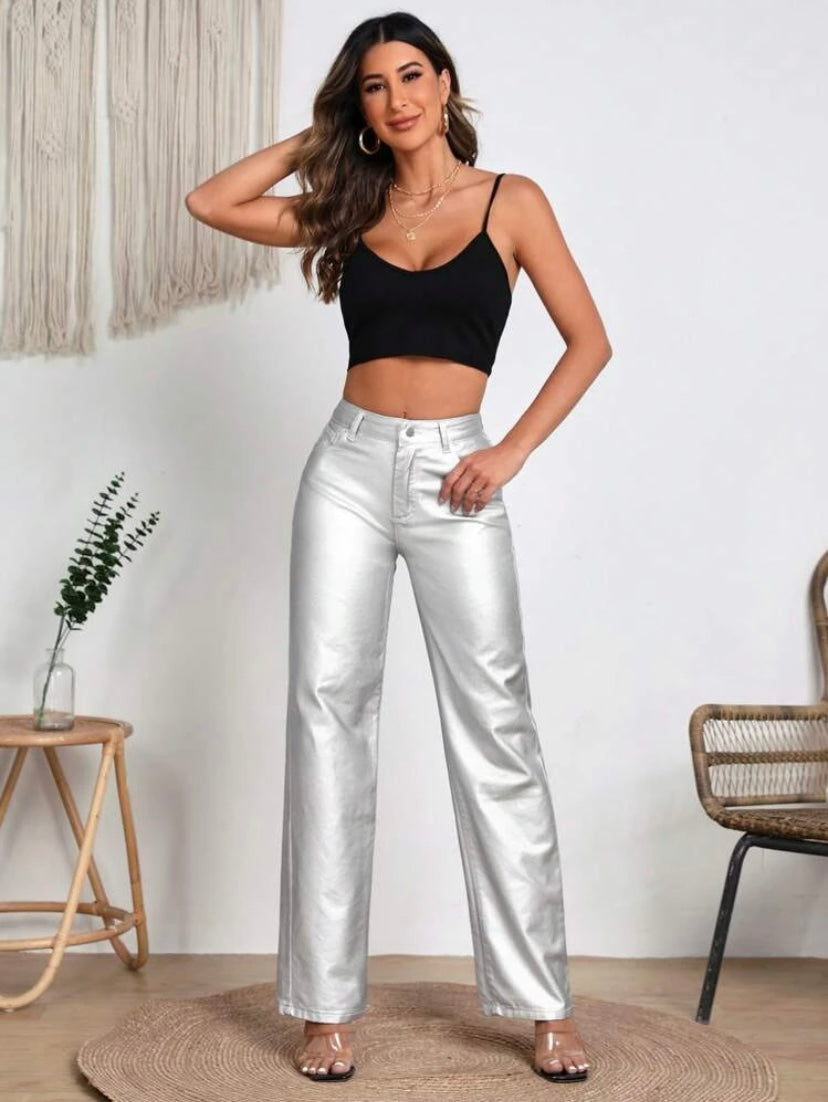 CM-BS411783 Women Elegant Seoul Style Zipper Fly Loose Straight Leg Jeans - Silver