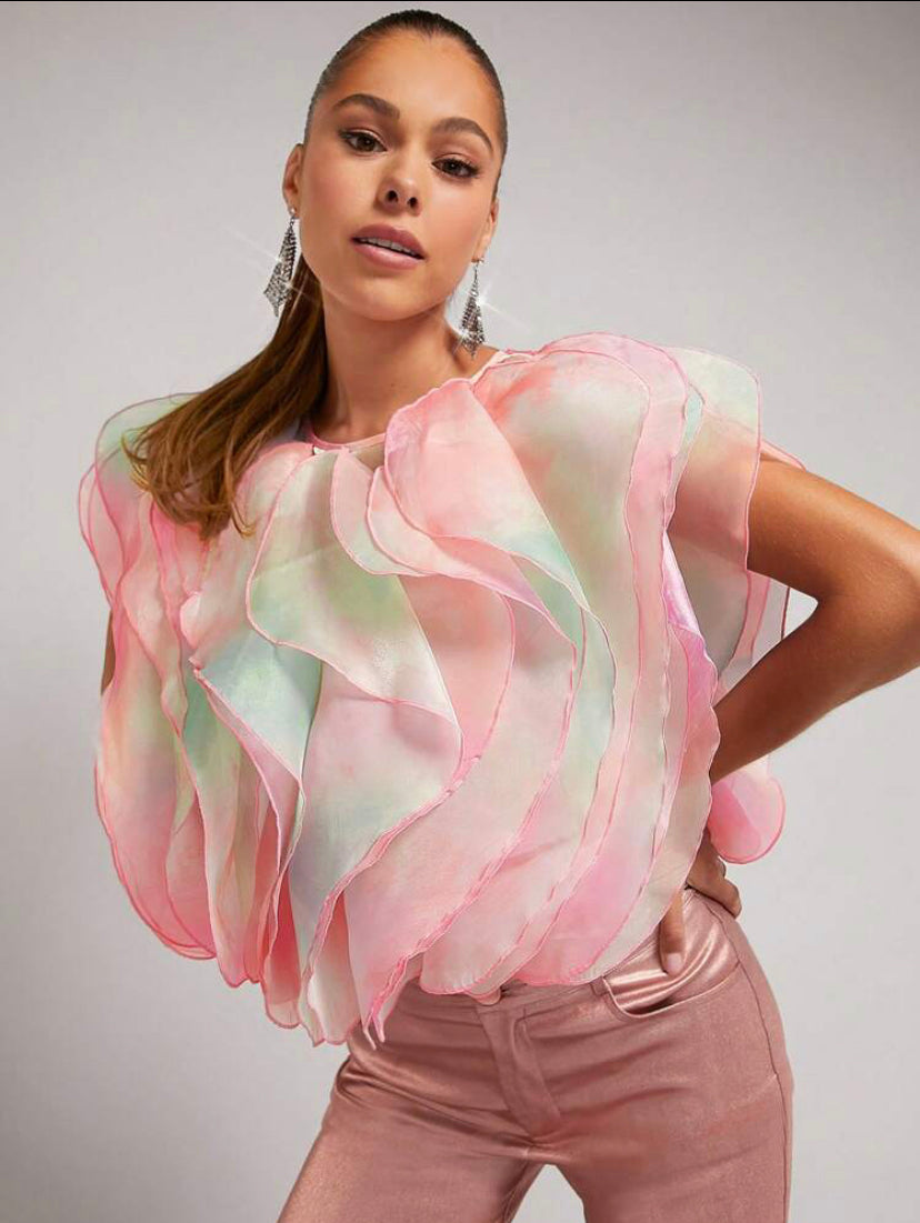 CM-TS818808 Women Elegant Seoul Style Round Neck Tie Dye Layered Short Sleeve Blouse
