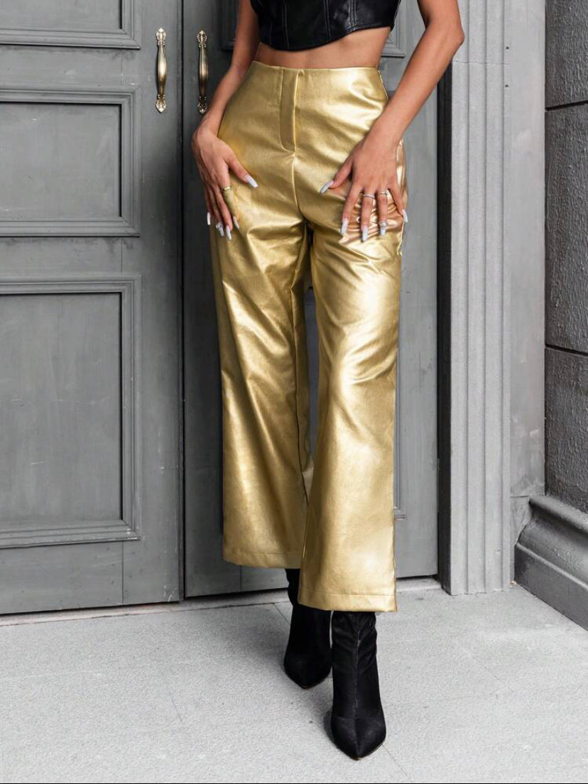 CM-BS530606 Women Elegant Seoul Style Metallic Straight Leg Pants - Gold