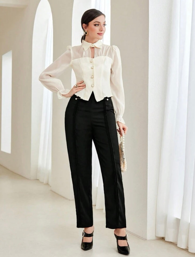 CM-TS711231 Women Elegant Seoul Style Flare Sleeve Button Front Blouse - Beige