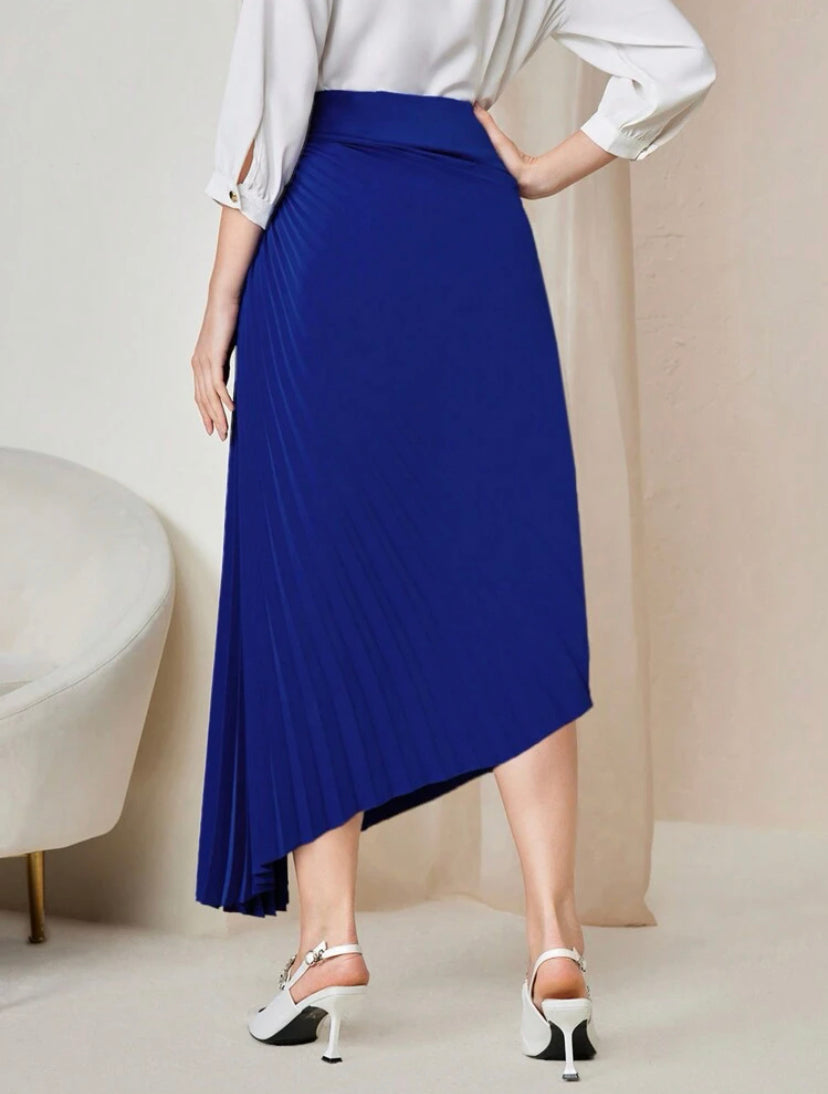 CM-BS692083 Women Elegant Seoul Style Solid Asymmetrical Hem Pleated Skirt - Blue