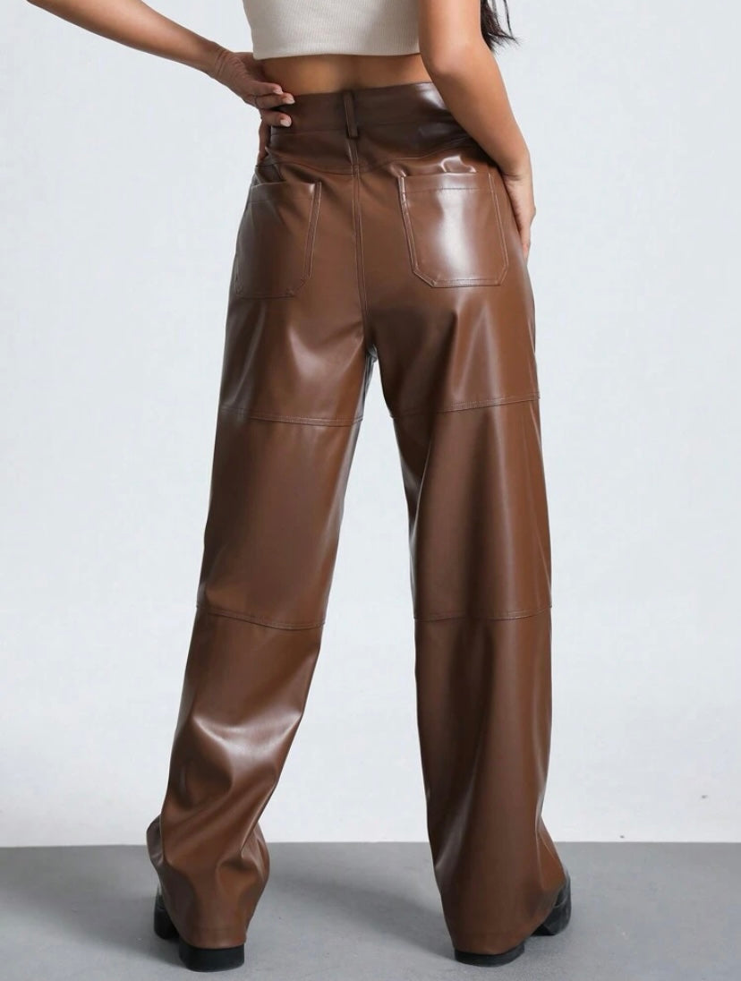 CM-BS155433 Women Elegant Seoul Style PU Leather Wide Leg Pants - Brown