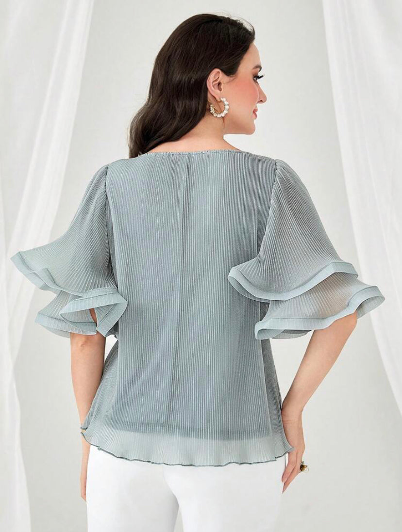 CM-TS277229 Women Elegant Seoul Style Round Neck Solid Flare Sleeve Blouse - Mint Green