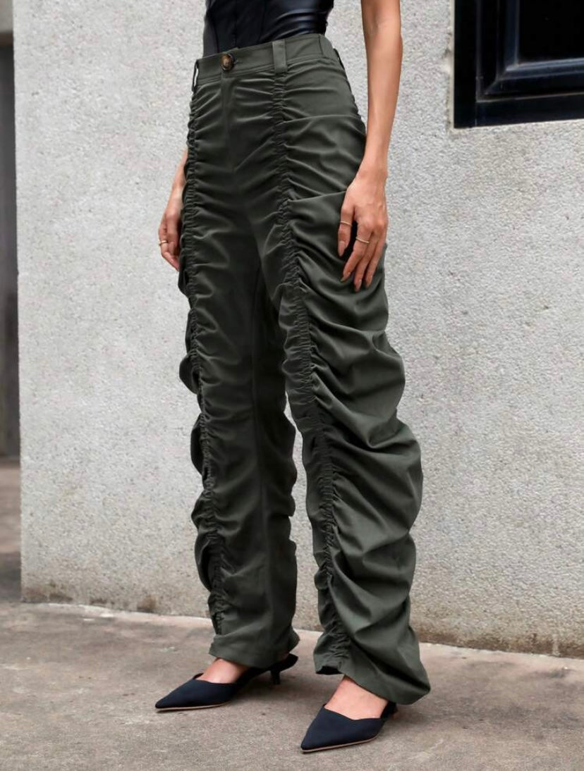 CM-BS287798 Women Trendy Bohemian Style High Waist Ruched Stacked Pants - Green