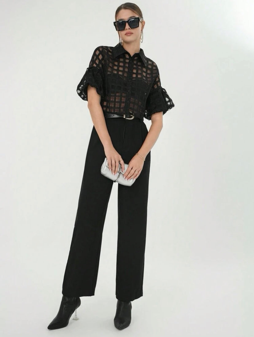 CM-TS612688 Women Casual Seoul Style Plaid Mesh Drop Shoulder Crop Shirt - Black