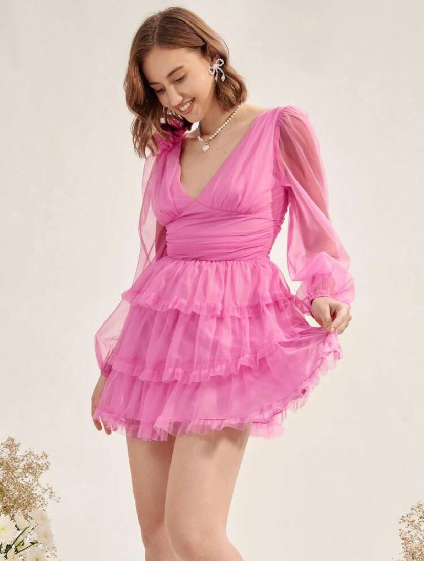 CM-DS046415 Women Elegant Seoul Style Plunging Neck Lantern Sleeve Ruffle Hem Organza Dress