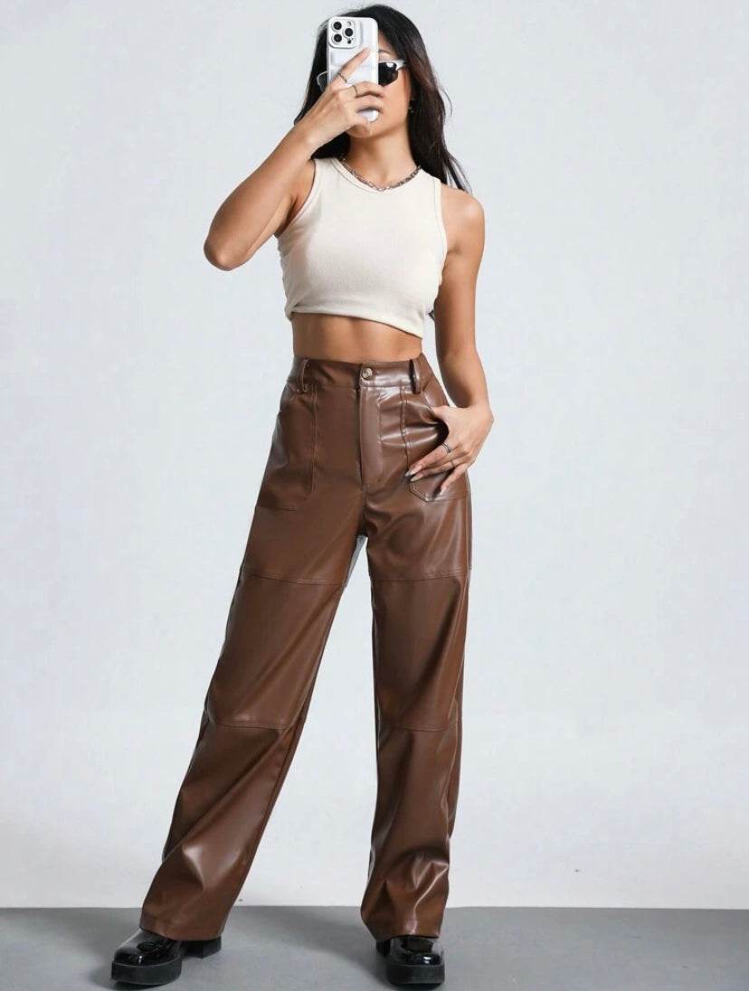 CM-BS155433 Women Elegant Seoul Style PU Leather Wide Leg Pants - Brown