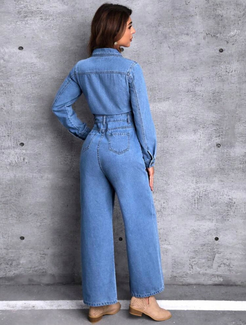 CM-JS151450 Women Casual Seoul Style Flap Detail Wide Leg Denim Jumpsuit - Blue