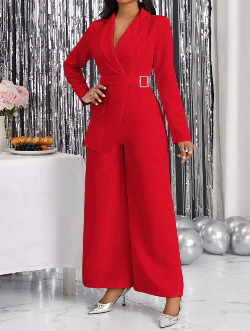 CM-JS266444 Women Elegant Seoul Style Lapel Neck Flap Pocket Buckle Detail Jumpsuit - Red