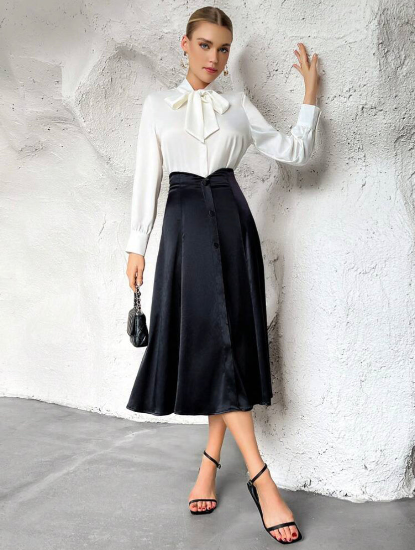 CM-BS639959 Women Elegant Seoul Style High Waist Button Front Skirt - Black