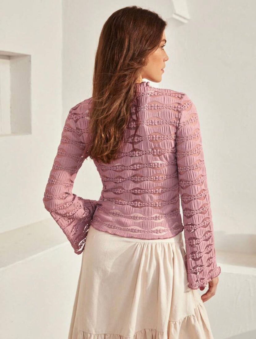 CM-TS571269 Women Casual Seoul Style V-Neck Long Sleeve Frill Trim Button Front Top