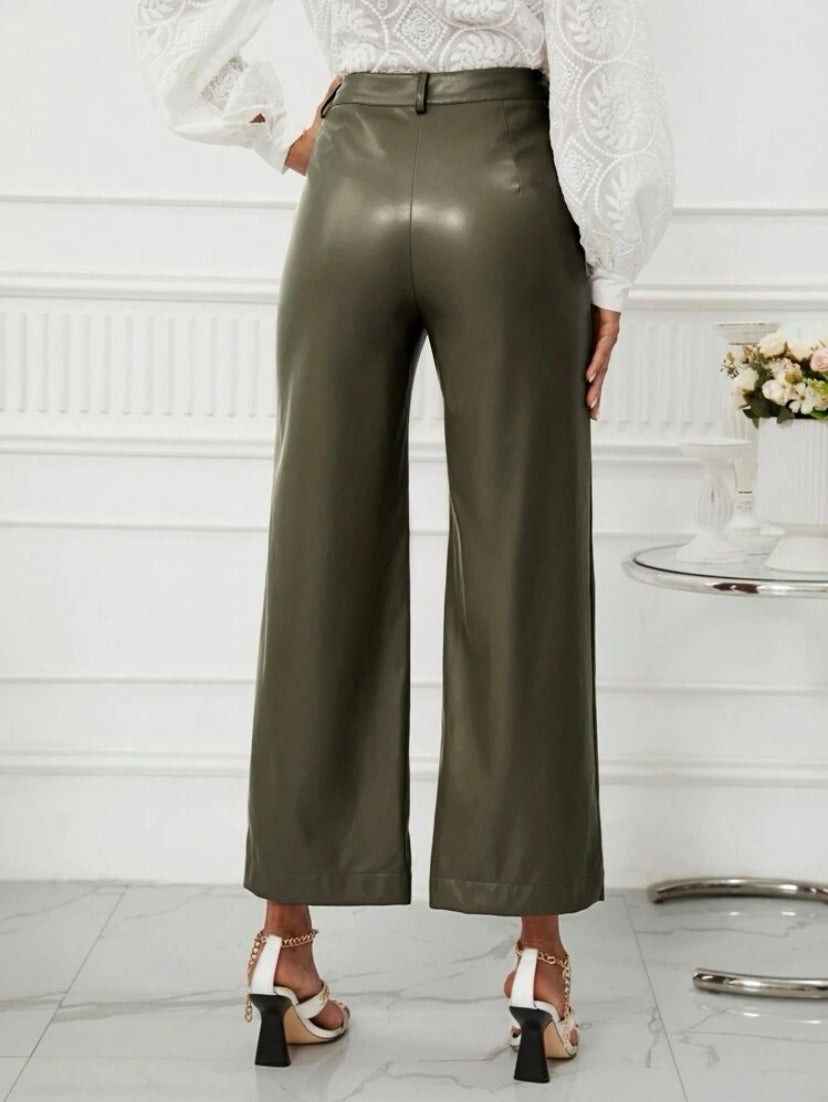 CM-BS513285 Women Casual Seoul Style High Waist PU Leather Wide Leg Pants - Army Green