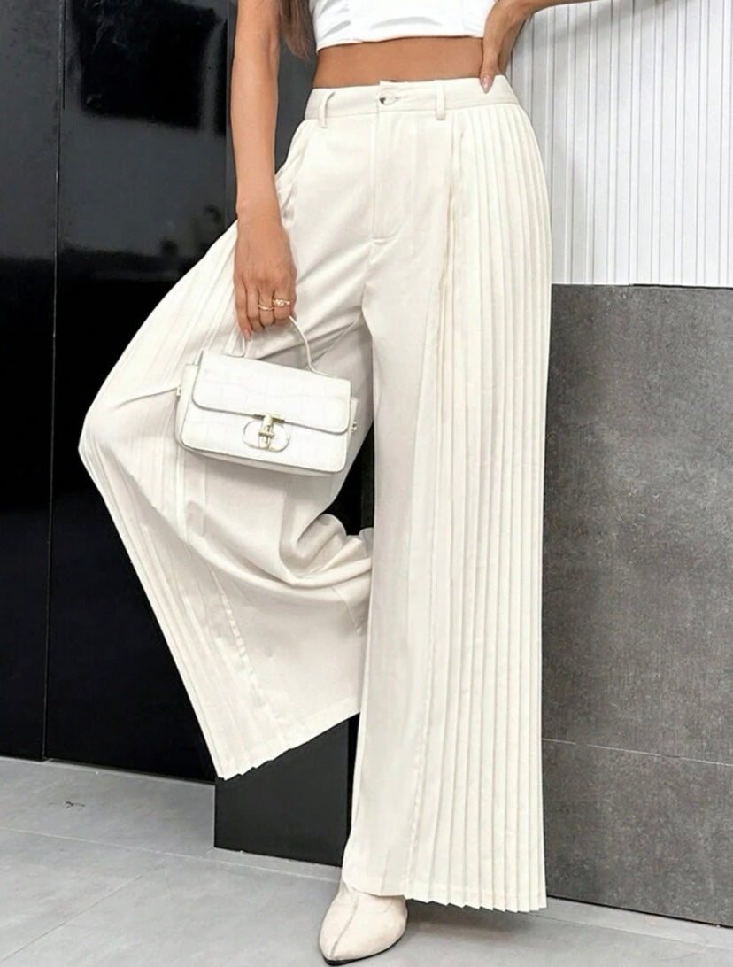 CM-BS864645 Women Casual Seoul Style High Waist Pleated Panel Wide Leg Pants - Beige