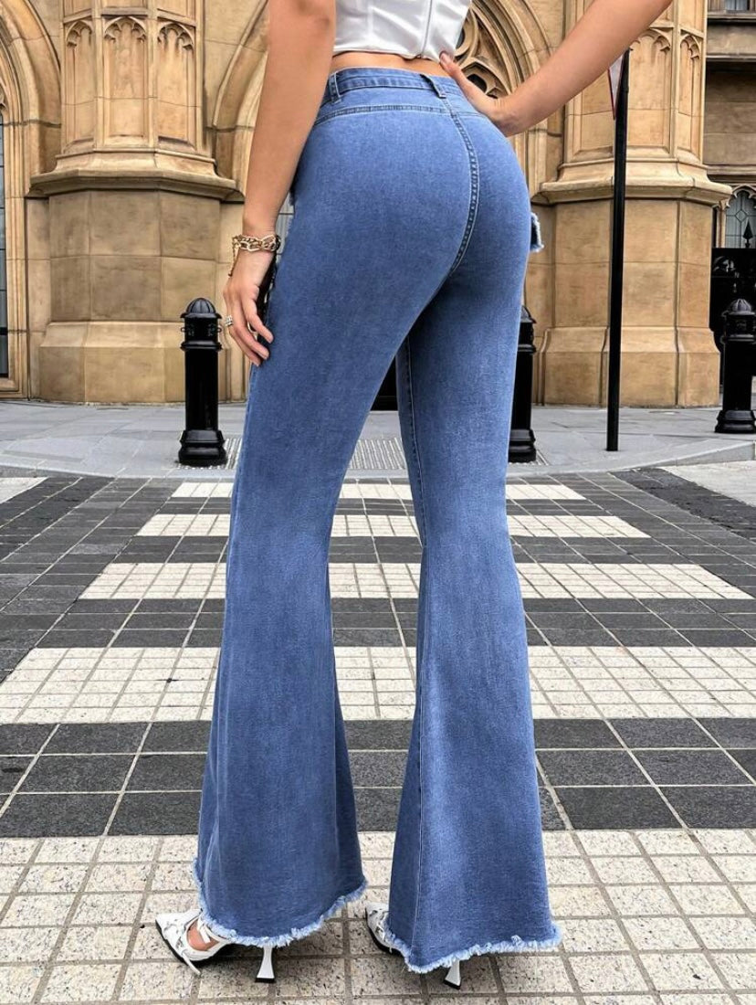CM-BS881395 Women Casual Seoul Style Light Wash Raw Trim Buckle Front Flare Leg Jeans