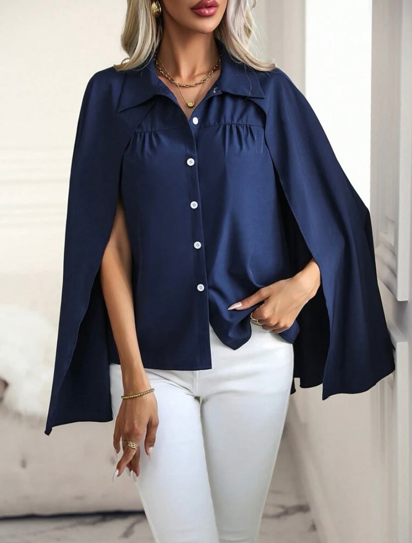 CM-TS331615 Women Casual Seoul Style Cloak Sleeve Button Front Shirt - Navy Blue