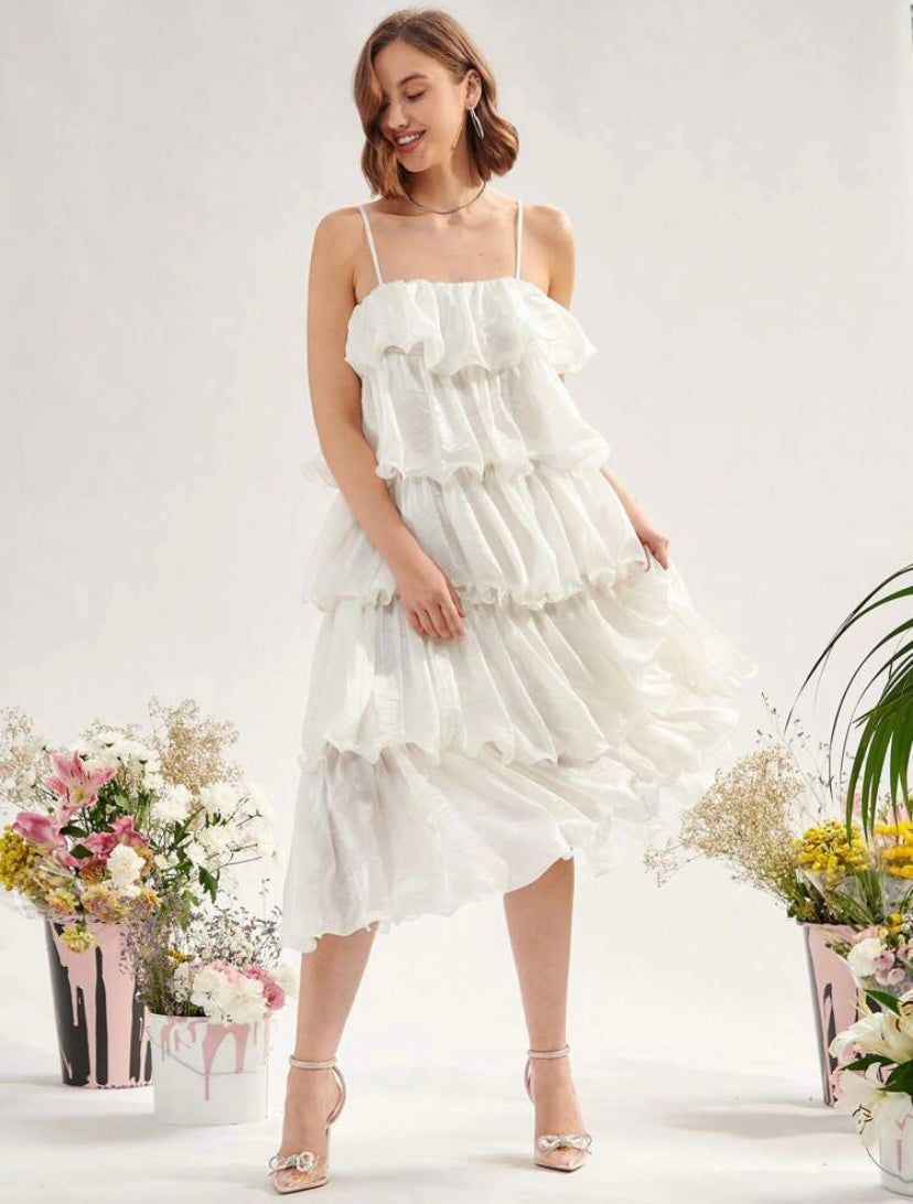CM-DS026145 Women Elegant Seoul Style Sleeveless Solid Layered Cami Dress - White
