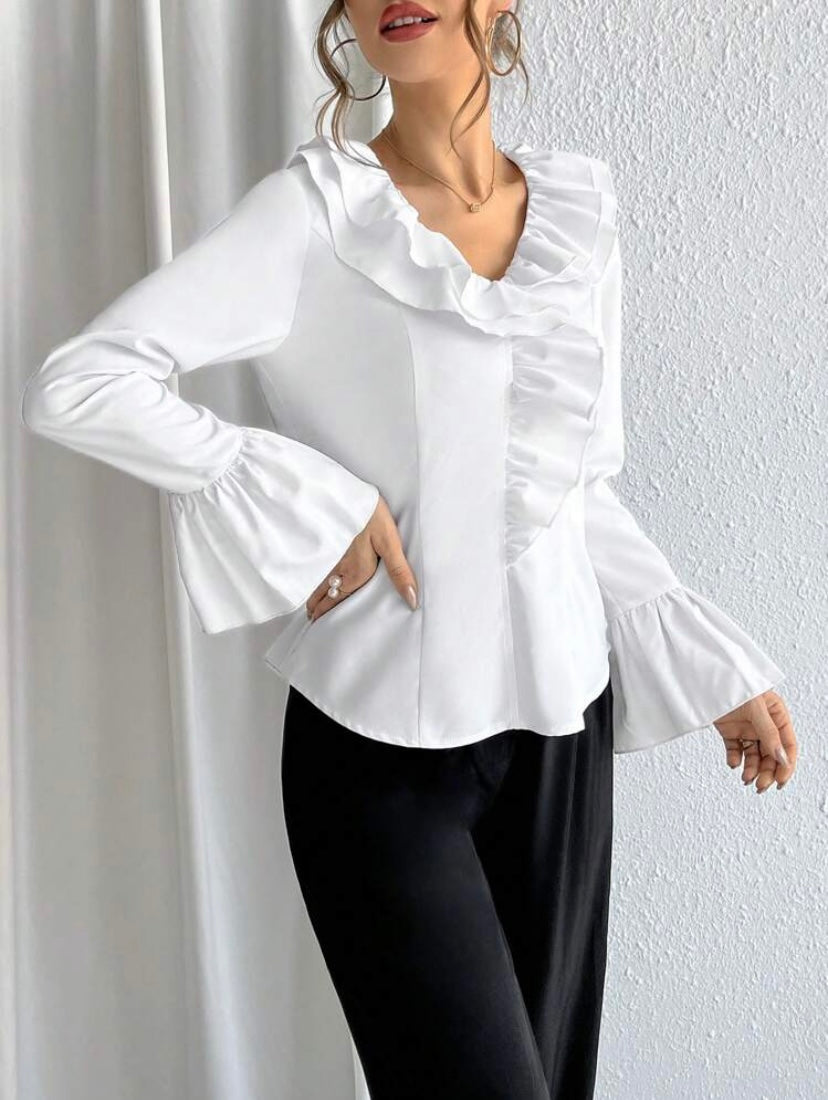 CM-TS315277 Women Casual Seoul Style Ruffle Trim Flounce Sleeve Blouse - White