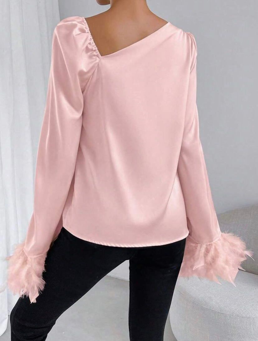CM-TS892309 Women Elegant Seoul Style Asymmetrical Neck Fuzzy Cuff Satin Blouse - Pink