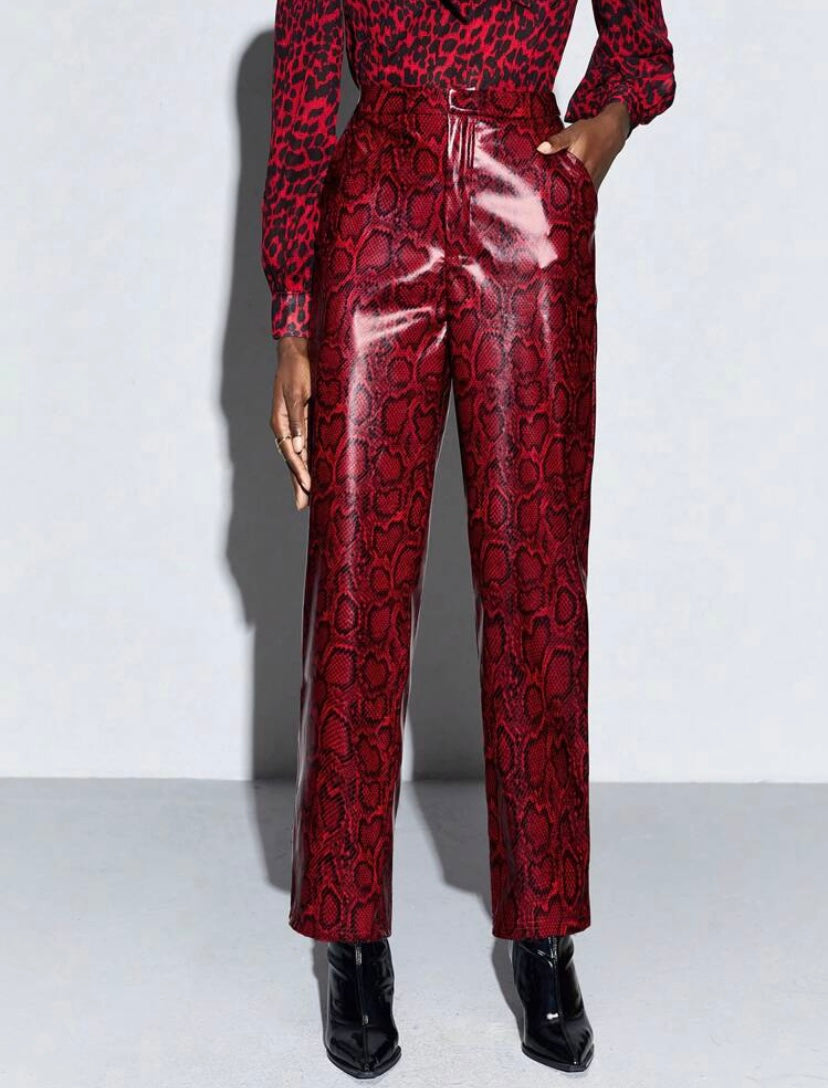 CM-BS080896 Women Elegant Seoul Style All-Over Print PU Leather Pants - Red