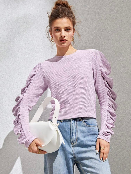 CM-TS667371 Women Casual Seoul Style Round Neck Ruched Puff Sleeve Tee - Mauve Purple