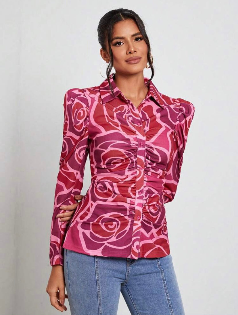 CM-TS959778 Women Casual Seoul Style Allover Rose Print Ruched Button Front Shirt