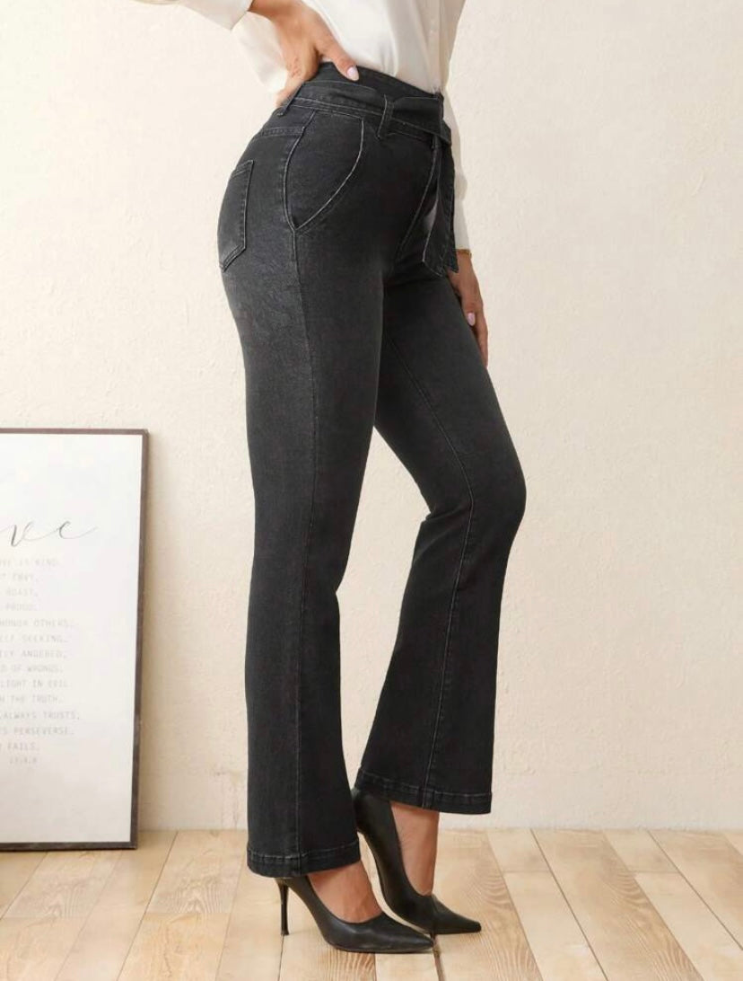 CM-BS310817 Women Preppy Seoul Style High Waist Belted Flare Leg Jeans - Black