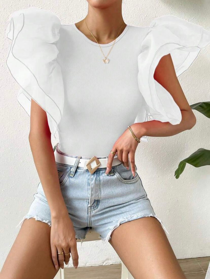 CM-TS317487 Women Casual Seoul Style Contrast Mesh Butterfly Sleeve Bodysuit - White
