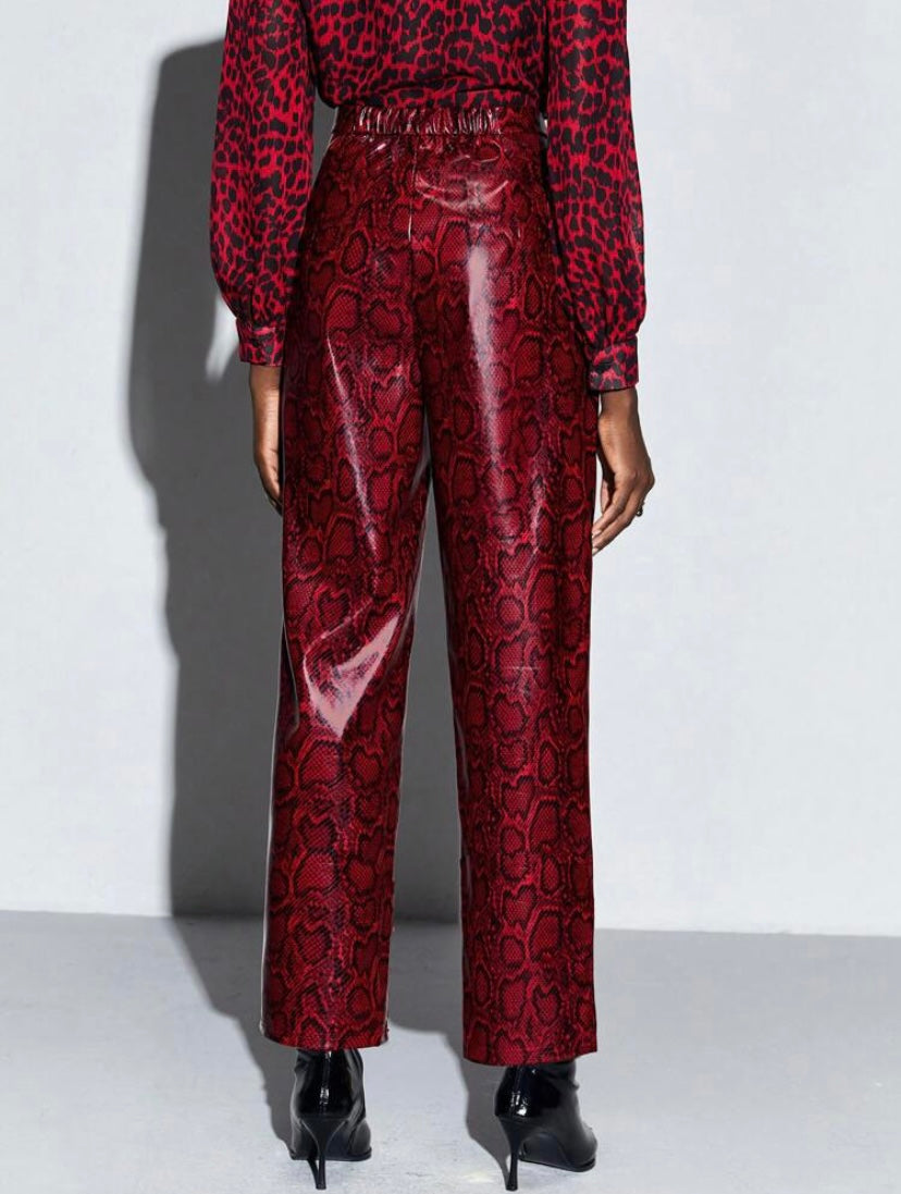 CM-BS080896 Women Elegant Seoul Style All-Over Print PU Leather Pants - Red