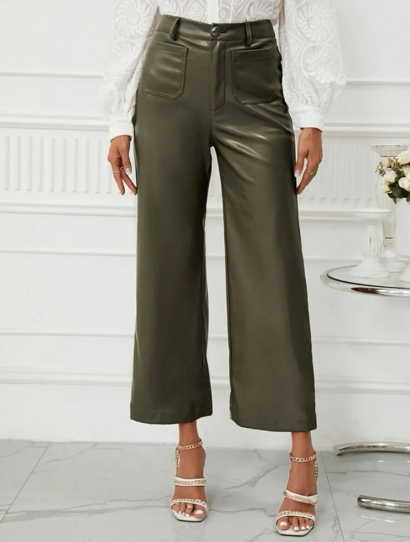 CM-BS513285 Women Casual Seoul Style High Waist PU Leather Wide Leg Pants - Army Green